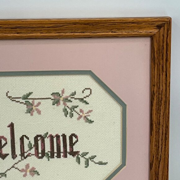 Handmade Welcome Cross-Stitch Framed In Oak Wood With Pink Matte Accent - Picture 4 of 7